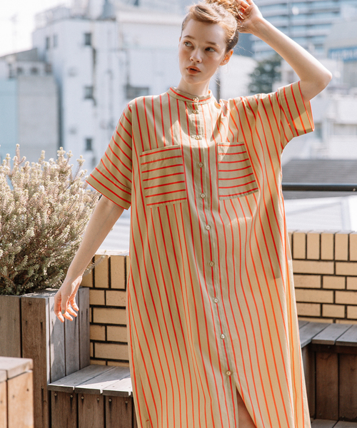 POU DOU DOU（プードゥドゥ）の「ストライプアウトポケットシャツワンピース（ワンピース・レディース・アイボリー/ベージュ/ブルー・M）」の4枚目の写真