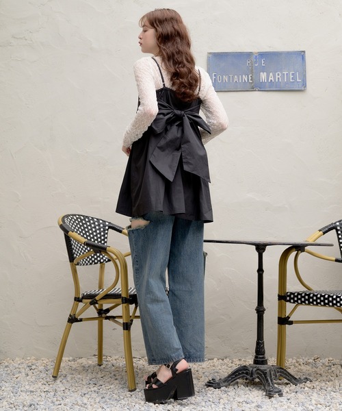(ポニーさま専用)Vin ノースリーブチュニック ベージュブルー セール】back ribbon volume tunic / バックリボンボリューム