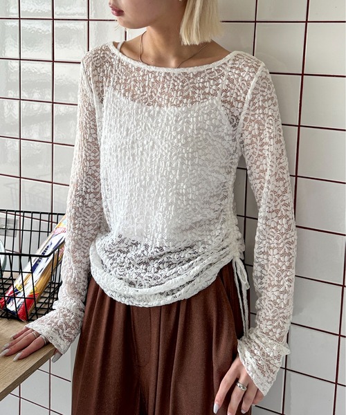 PILIT(ピリット)の「サイドドロストレーストップス(Tシャツ/カットソー・レディース・ブラック/オフホワイト・MEDIUM)」の1枚目の写真
