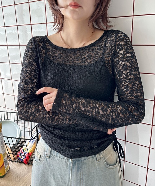 PILIT(ピリット)の「サイドドロストレーストップス(Tシャツ/カットソー・レディース・ブラック/オフホワイト・MEDIUM)」の2枚目の写真