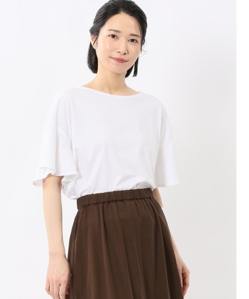 m.f.editorial（エムエフエディトリアル）の「【接触冷感 UVカット コットン100%】m.f.エディトリアル レディース ラッフルスリープ クルーTシャツ（Tシャツ/カットソー・レディース・ライトグレー/ホワイト/ブラック・MEDIUM/LARGE）」の2枚目の写真