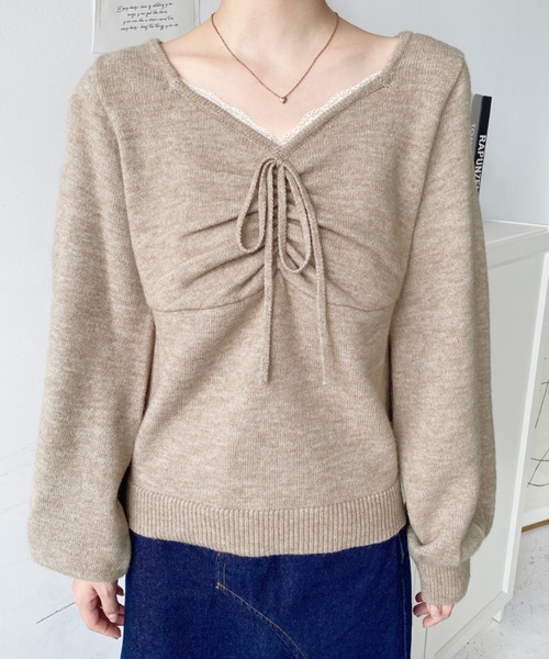 セール】フロントレースギャザーニットトップス（ニット/セーター