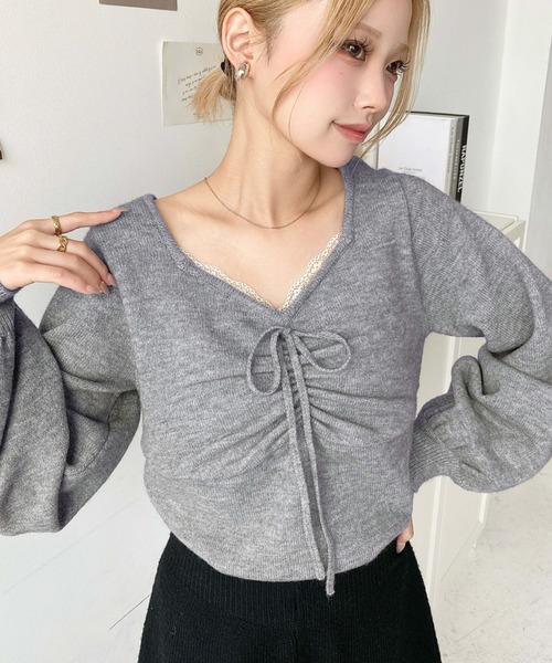 セール】フロントレースギャザーニットトップス（ニット/セーター