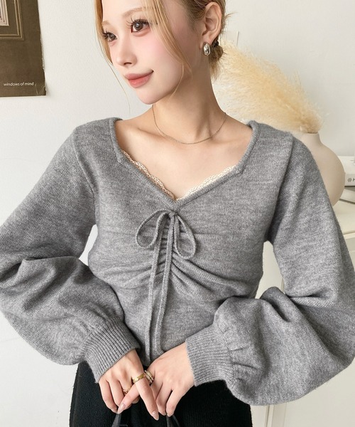 セール】フロントレースギャザーニットトップス（ニット/セーター