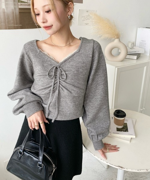 新品タグ付き♡ミストレアス♡ホイップ♡ニット♡グレー セール】フロントレースギャザーニットトップス（ニット/セーター