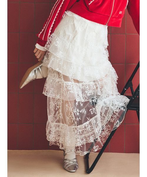 FURFUR（ファーファー）の「ティアードレーススカート（スカート・レディース・ライム/ホワイト/ブラック・F）」の2枚目の写真