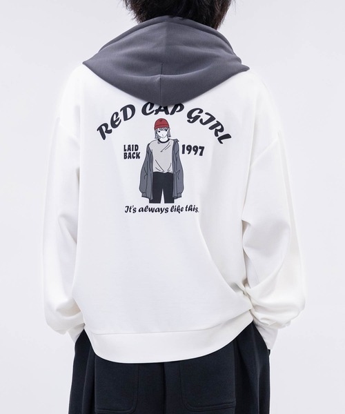 Red Cap Girl(レッドキャプガール)の「【a-r】〔RedCapGirl/レッドキャップガール〕バックイラスト シルキータッチ フルジップパーカー(パーカー・メンズ・ホワイト/ピンク/チャコールグレー/ブルー/ブラック/ホワイト系1/ブルー系1/ライトグレー系1/ブラック系1・MEDIUM/LARGE)」の2枚目の写真