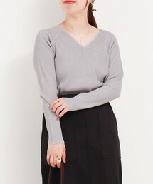 スーパーストレッチ ラメリブVネックプルオーバーニット