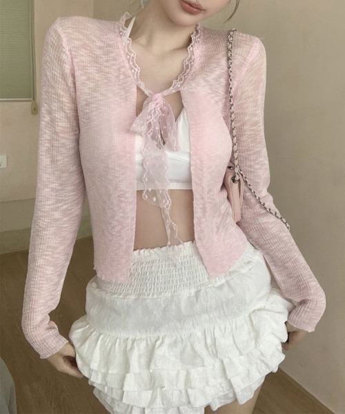 Miniministore(ミニミニストア)の「サマーニットカーディガン レースボウタイ(カーディガン/ボレロ・レディース・ライトブルー/ピンク/ライトグリーン/ブラック/ライトベージュ/ラベンダー/ホワイト・FREE)」の7枚目の写真