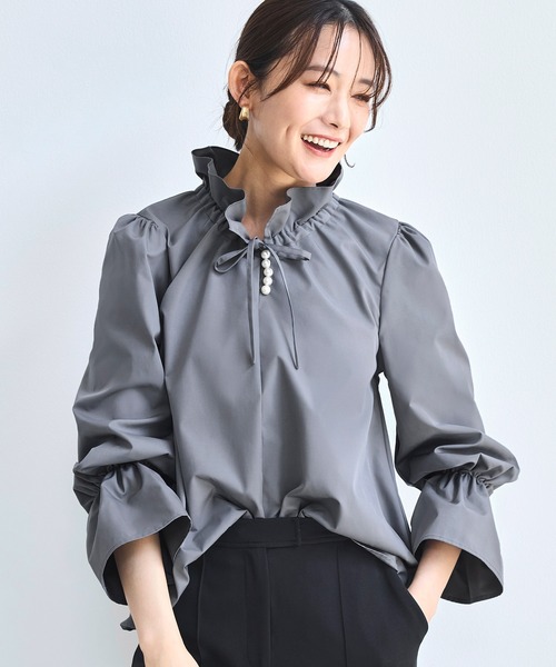 洗える ｜ パールボタン フリル ブラウス ｜ レディース トップス 体型