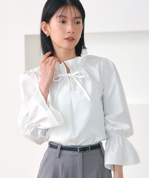 洗える ｜ パールボタン フリル ブラウス ｜ レディース トップス 体型