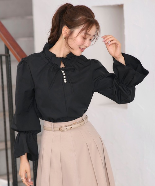 洗える ｜ パールボタン フリル ブラウス ｜ レディース トップス 体型