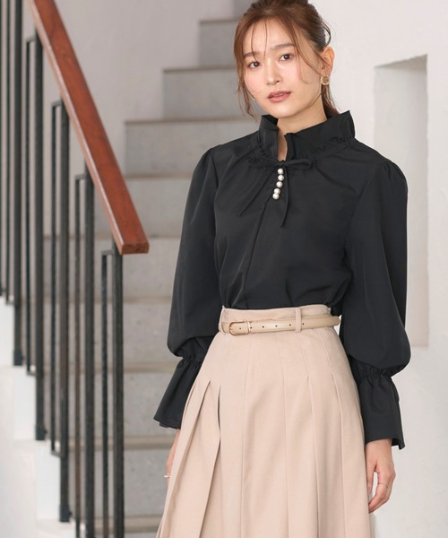 洗える ｜ パールボタン フリル ブラウス ｜ レディース トップス 体型