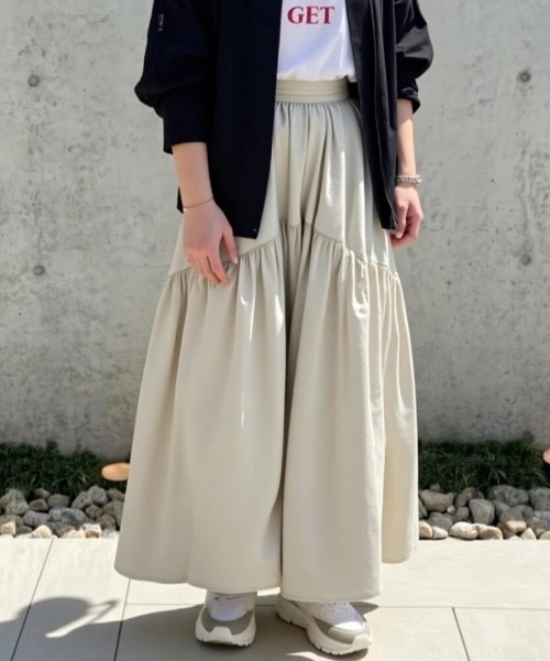 cammie(キャミー)の「切替ギャザーロングフレアスカート(スカート・レディース・ブラック/オフホワイト/ダークグレー・F)」の5枚目の写真
