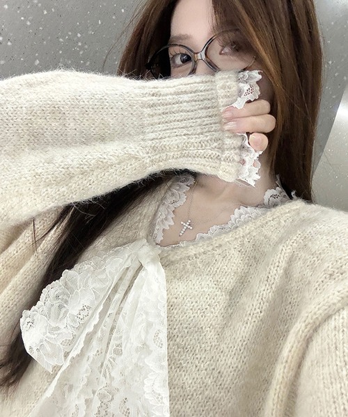 セール】レースリボン ルーズシルエットVネックニットプルオーバー