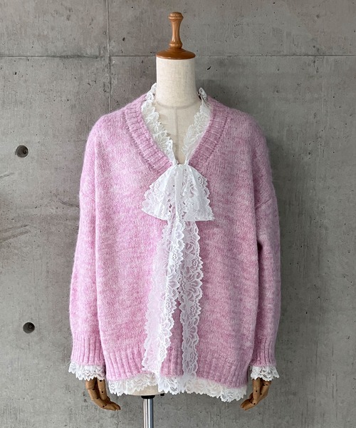 セール】レースリボン ルーズシルエットVネックニットプルオーバー
