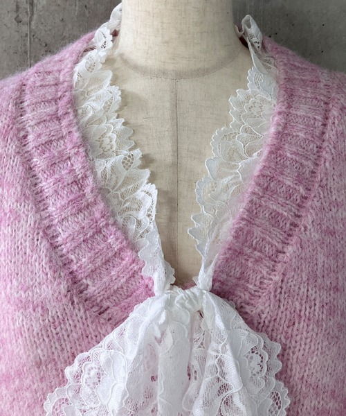 セール】レースリボン ルーズシルエットVネックニットプルオーバー