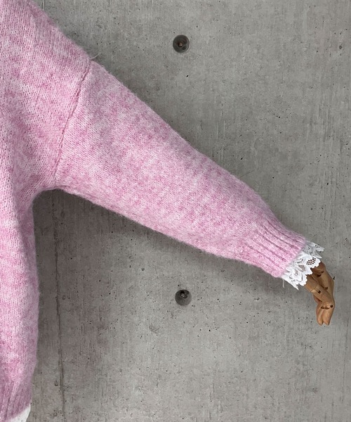 セール】レースリボン ルーズシルエットVネックニットプルオーバー