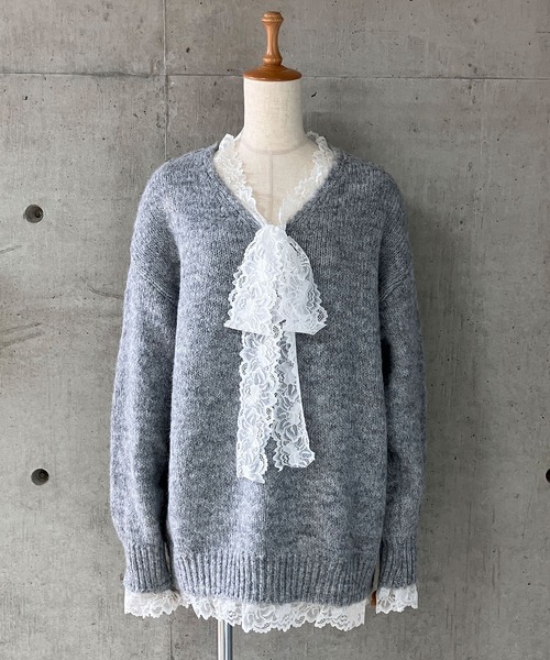 セール】レースリボン ルーズシルエットVネックニットプルオーバー