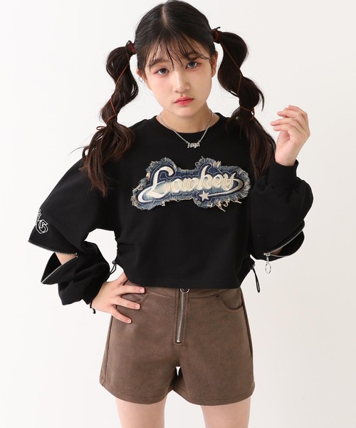 ANAP GiRL(アナップガール)の「デニムワッペン 袖ジップ クロップド スウェット(スウェット・キッズ・ブラック/ライトグレー/レッド・XS/S/M)」の5枚目の写真