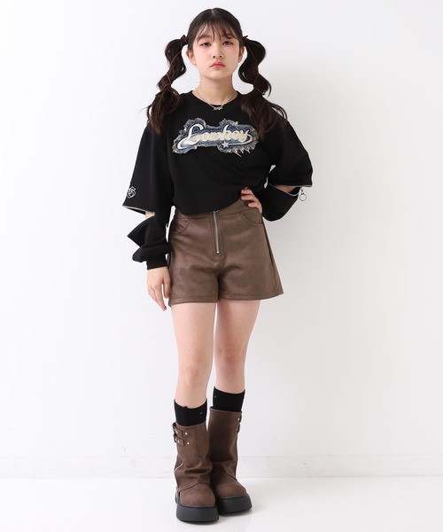 ANAP GiRL(アナップガール)の「デニムワッペン 袖ジップ クロップド スウェット(スウェット・キッズ・ブラック/ライトグレー/レッド・XS/S/M)」の9枚目の写真