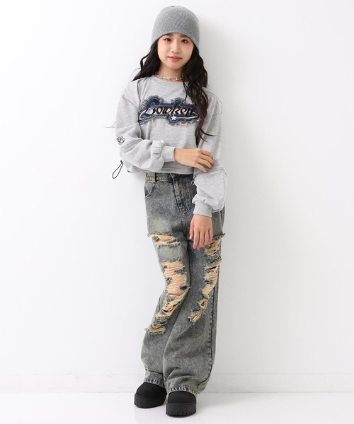 ANAP GiRL(アナップガール)の「デニムワッペン 袖ジップ クロップド スウェット(スウェット・キッズ・ブラック/ライトグレー/レッド・XS/S/M)」の10枚目の写真