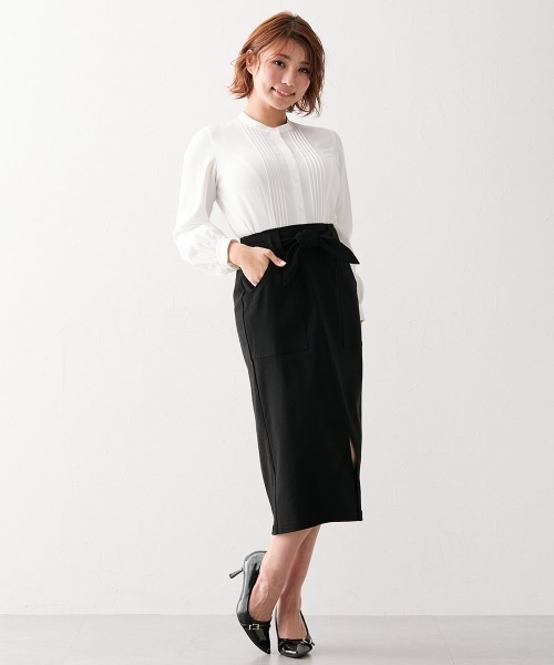 グラマーヒップ対応】ストレッチタイトスカート（リボンベルト付