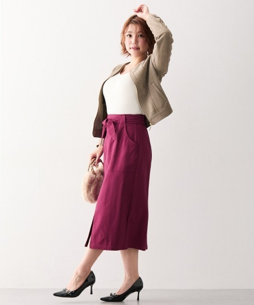 グラマーヒップ対応】ストレッチタイトスカート（リボンベルト付