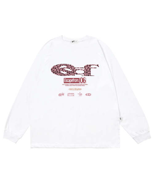 ESCAPEFROM（エスケープフロム）の「ピンクレオパード ESCFロゴコラージュプリントロングスリーブ [3色]（Tシャツ/カットソー・レディース・ホワイト×ブラック/ブラック/ホワイト・MEDIUM/LARGE/SMALL）」の4枚目の写真