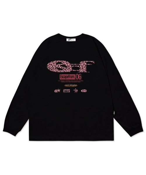 ESCAPEFROM（エスケープフロム）の「ピンクレオパード ESCFロゴコラージュプリントロングスリーブ [3色]（Tシャツ/カットソー・レディース・ホワイト×ブラック/ブラック/ホワイト・MEDIUM/LARGE/SMALL）」の6枚目の写真