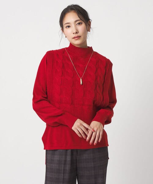 あられひなY's ワイズ リブニット タートルネックセーター赤2 GeeRA（ジーラ） ニット セーター ボトルネックレイヤード風配色ワイド