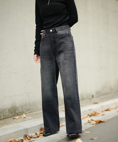 LAULEN（ローレン）の「wide leg straight denim pants / ワイドレッグストレートデニムパンツ（デニムパンツ・レディース・ブルー/ブラック・S/M）」の2枚目の写真