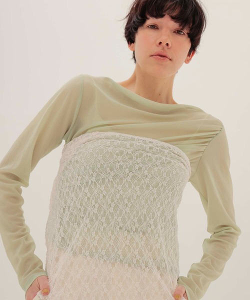 DRESSLAVE（ドレスレイブ）の「shrink stretch 2way pullover(シュリンクストレッチ2ウェイプルオーバー)（Tシャツ/カットソー・レディース・ホワイト/ネイビー・38）」の2枚目の写真