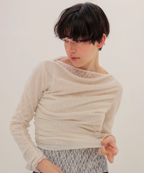 DRESSLAVE（ドレスレイブ）の「shrink stretch 2way pullover(シュリンクストレッチ2ウェイプルオーバー)（Tシャツ/カットソー・レディース・ホワイト/ネイビー・38）」の13枚目の写真