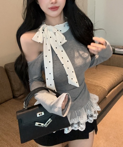 Riff（リフ）の「ドットリボンワンショル裾レーストップス（Tシャツ/カットソー・レディース・ブラック/グレー・M）」の10枚目の写真