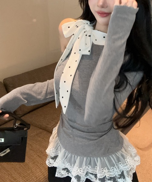 Riff（リフ）の「ドットリボンワンショル裾レーストップス（Tシャツ/カットソー・レディース・ブラック/グレー・M）」の13枚目の写真