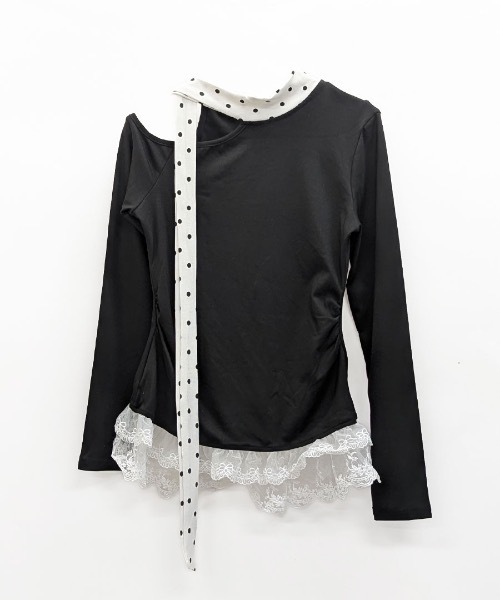 Riff（リフ）の「ドットリボンワンショル裾レーストップス（Tシャツ/カットソー・レディース・ブラック/グレー・M）」の16枚目の写真