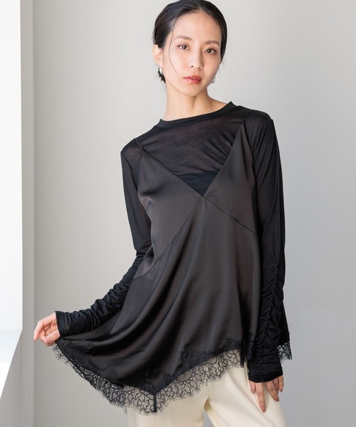 HEREIAM（ヘレイアム）の「【HEREIAM】シーズンレス/ドロストレースサテンキャミ（キャミソール・レディース・ブラック/ナチュラル・FREE）」の2枚目の写真