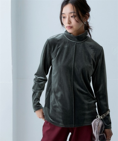 nissen(ニッセン)の「ふわふわベロアセンターラインハイネックプルオーバー<大きいサイズ有>(Tシャツ/カットソー・レディース・ベージュ/ブルーグレー/ダークグリーン/ライトピンク・LL/L/M/S/3L)」の2枚目の写真