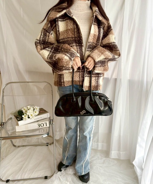 merrylatte（メリーラテ）の「チェックボアショートジャケット【Muller Rossi】（ブルゾン・レディース・ブラウン・FREE）」の2枚目の写真