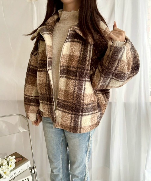 merrylatte（メリーラテ）の「チェックボアショートジャケット【Muller Rossi】（ブルゾン・レディース・ブラウン・FREE）」の4枚目の写真