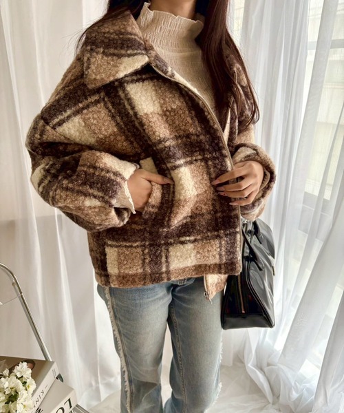 merrylatte（メリーラテ）の「チェックボアショートジャケット【Muller Rossi】（ブルゾン・レディース・ブラウン・FREE）」の6枚目の写真