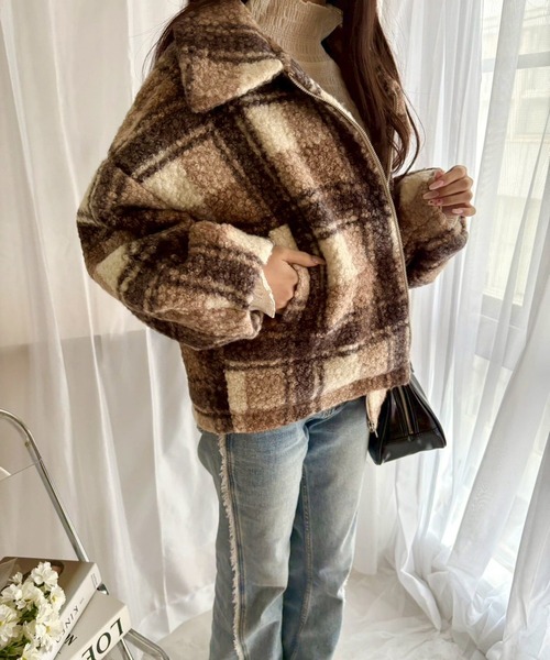 merrylatte（メリーラテ）の「チェックボアショートジャケット【Muller Rossi】（ブルゾン・レディース・ブラウン・FREE）」の7枚目の写真