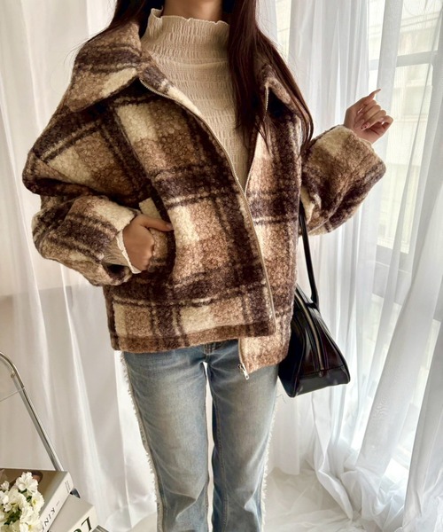 merrylatte（メリーラテ）の「チェックボアショートジャケット【Muller Rossi】（ブルゾン・レディース・ブラウン・FREE）」の8枚目の写真