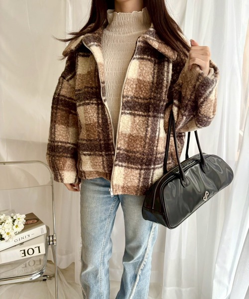 merrylatte（メリーラテ）の「チェックボアショートジャケット【Muller Rossi】（ブルゾン・レディース・ブラウン・FREE）」の9枚目の写真