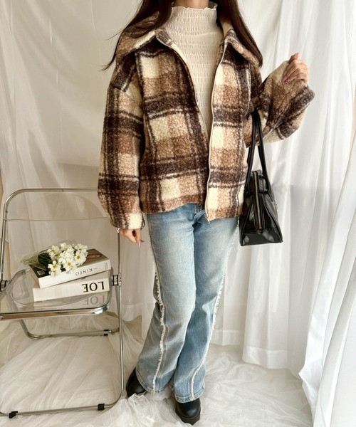 merrylatte（メリーラテ）の「チェックボアショートジャケット【Muller Rossi】（ブルゾン・レディース・ブラウン・FREE）」の15枚目の写真