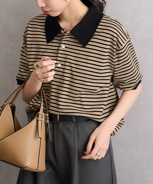STAR&STRIPE（スターアンドストライプ）の「【STAR&STRIPE】ボーダーポロTシャツ BODER POLO TEE（ポロシャツ・レディース・ライトブルー/ブラック/グレー/ライトブラウン/ブラウン/ライトグレー/ブラック系その他2/グレイッシュベージュ/サックスブルー・M）」の3枚目の写真