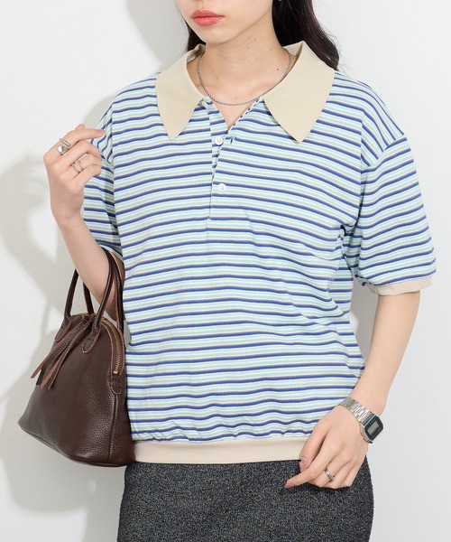 STAR&STRIPE（スターアンドストライプ）の「【STAR&STRIPE】ボーダーポロTシャツ BODER POLO TEE（ポロシャツ・レディース・ライトブルー/ブラック/グレー/ライトブラウン/ブラウン/ライトグレー/ブラック系その他2/グレイッシュベージュ/サックスブルー・M）」の22枚目の写真