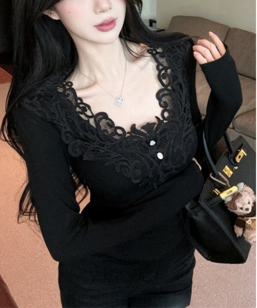 gossip！ロサンゼルス（ゴシップロサンゼルス）の「Y2K レース  きれいめニット（長袖）（Tシャツ/カットソー・レディース・ブラック/ホワイト・M/L）」の7枚目の写真