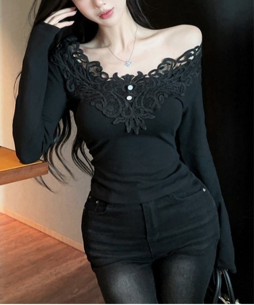 gossip！ロサンゼルス（ゴシップロサンゼルス）の「Y2K レース  きれいめニット（長袖）（Tシャツ/カットソー・レディース・ブラック/ホワイト・M/L）」の9枚目の写真